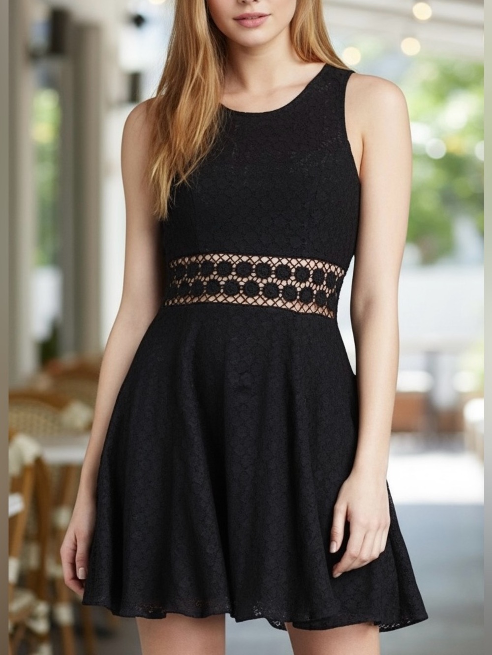 Free People Black Lace Mini Dress with Crochet Waist